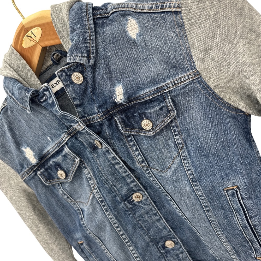 Express Denim Jacket Women's XS Gray Blue Distressed Jersey Knit Hood Sleeves